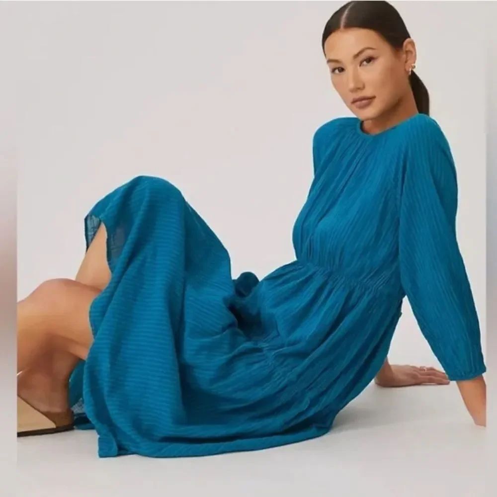Sundry x Anthropologie Tiered Cotton Midi Dress Teal Blue Size 1 (S)